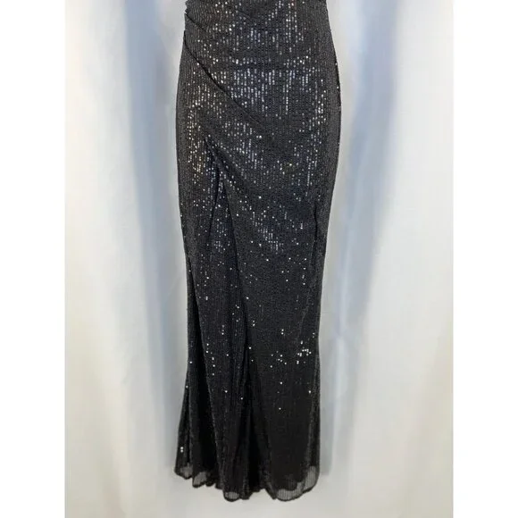 JVN by Jovani Black Sequin One Shoulder Ruffle Formal Gown $410